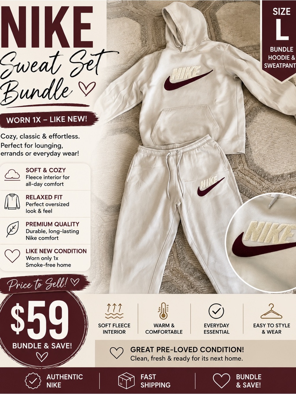 Nike Cream Hoodie & Sweatpants Set with Maroon Swoosh